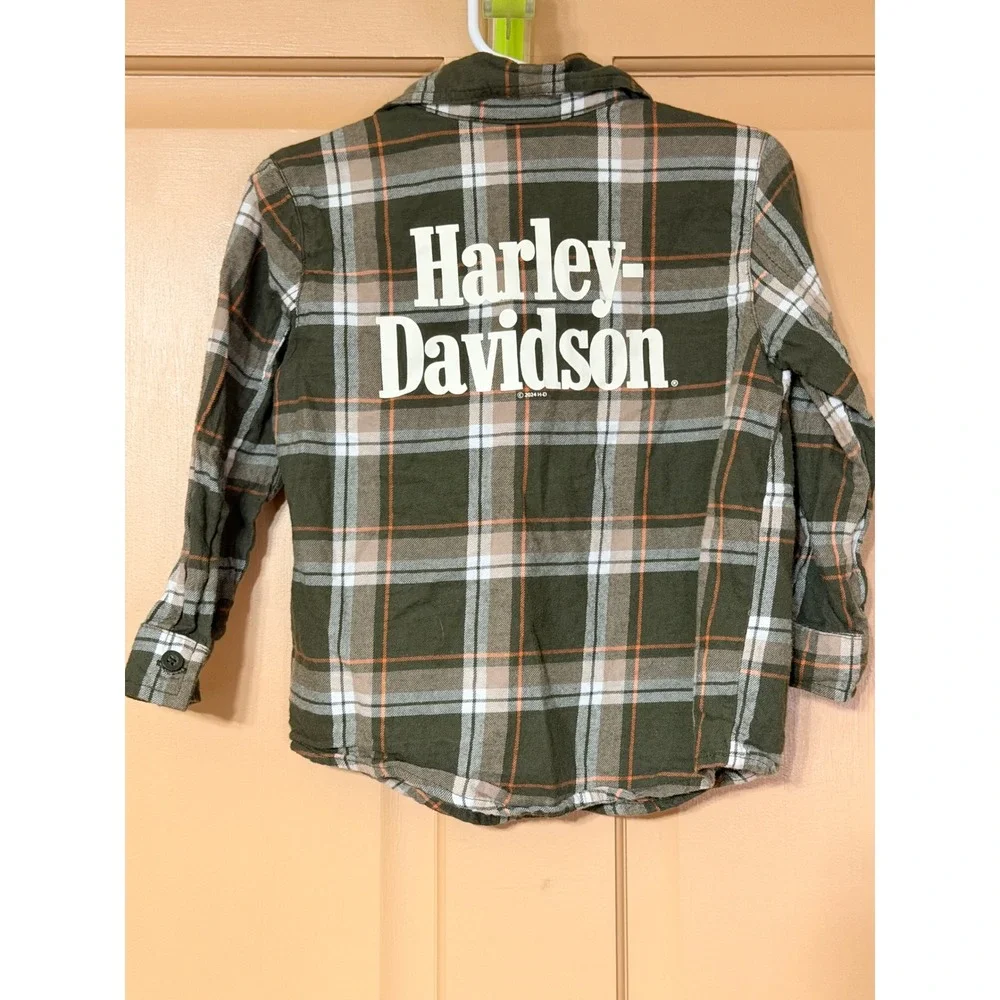 Harley-Davidson Toddler Boys Green Plaid Flannel Shirt Logo Patch Size 2T/3T